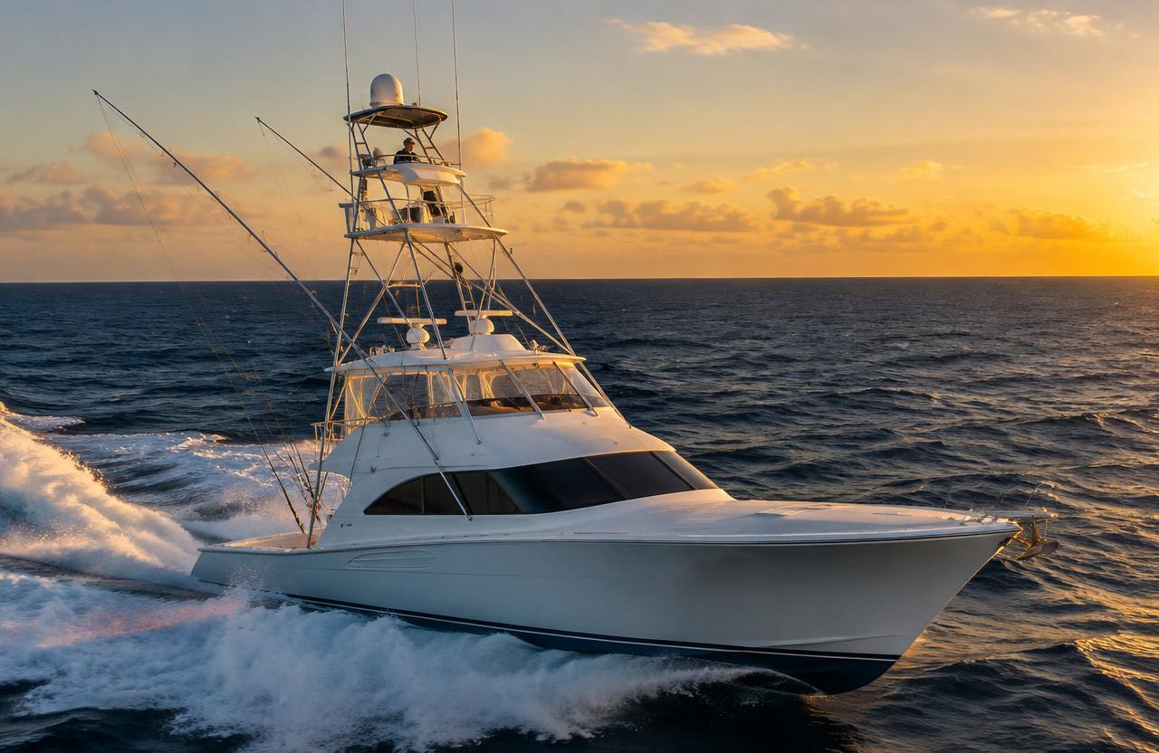 Diesel sportfishing yacht with tuna tower running offshore