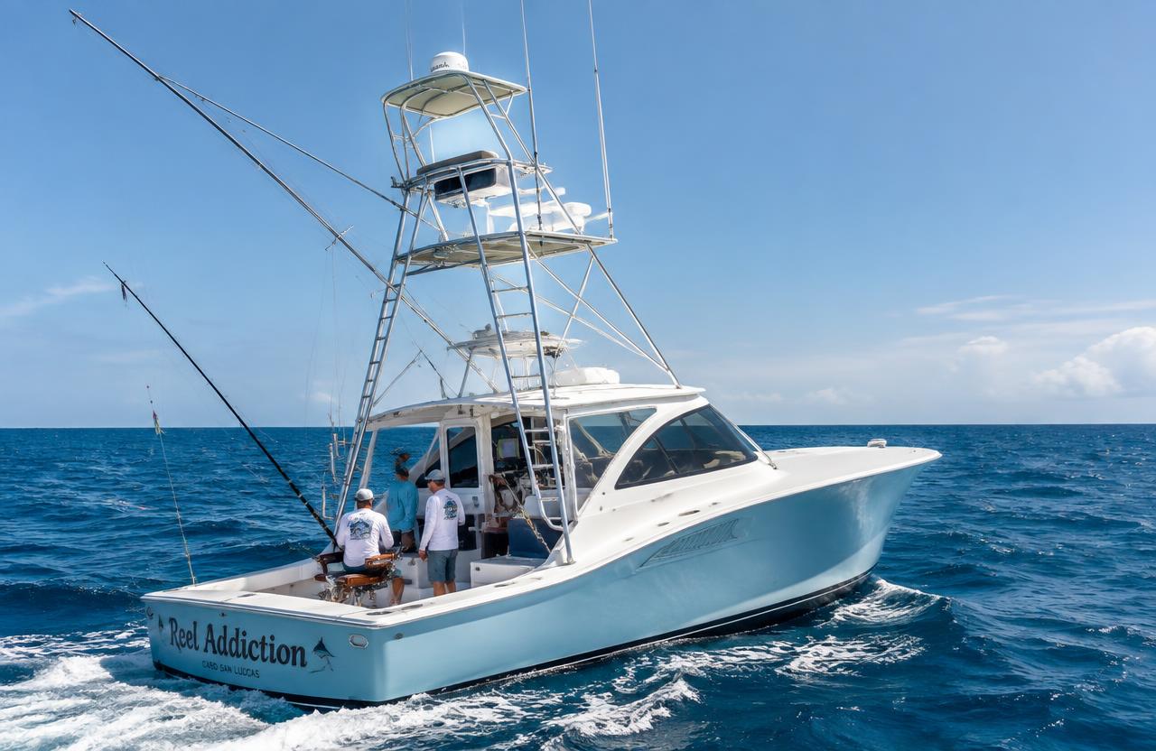 Convertible sportfish boat trolling with outriggers