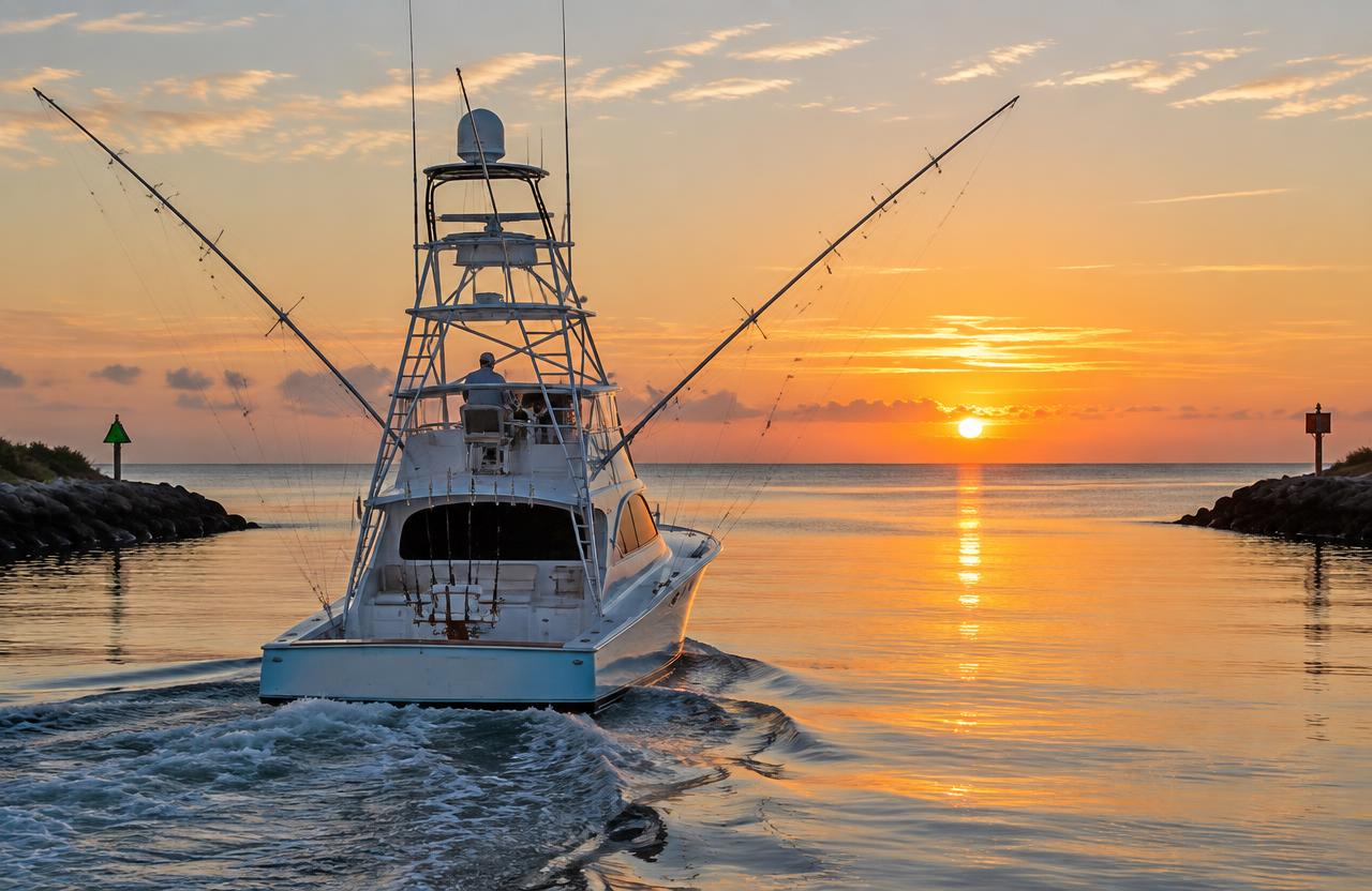 Sportfisherman with outriggers leaving the inlet at sunrise