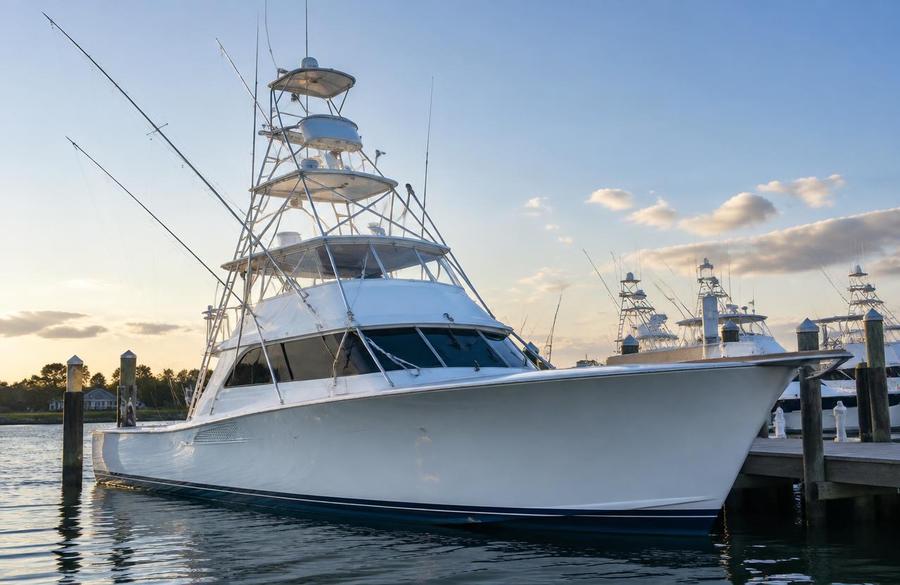 Carolina-style diesel sportfisherman docked at the marina